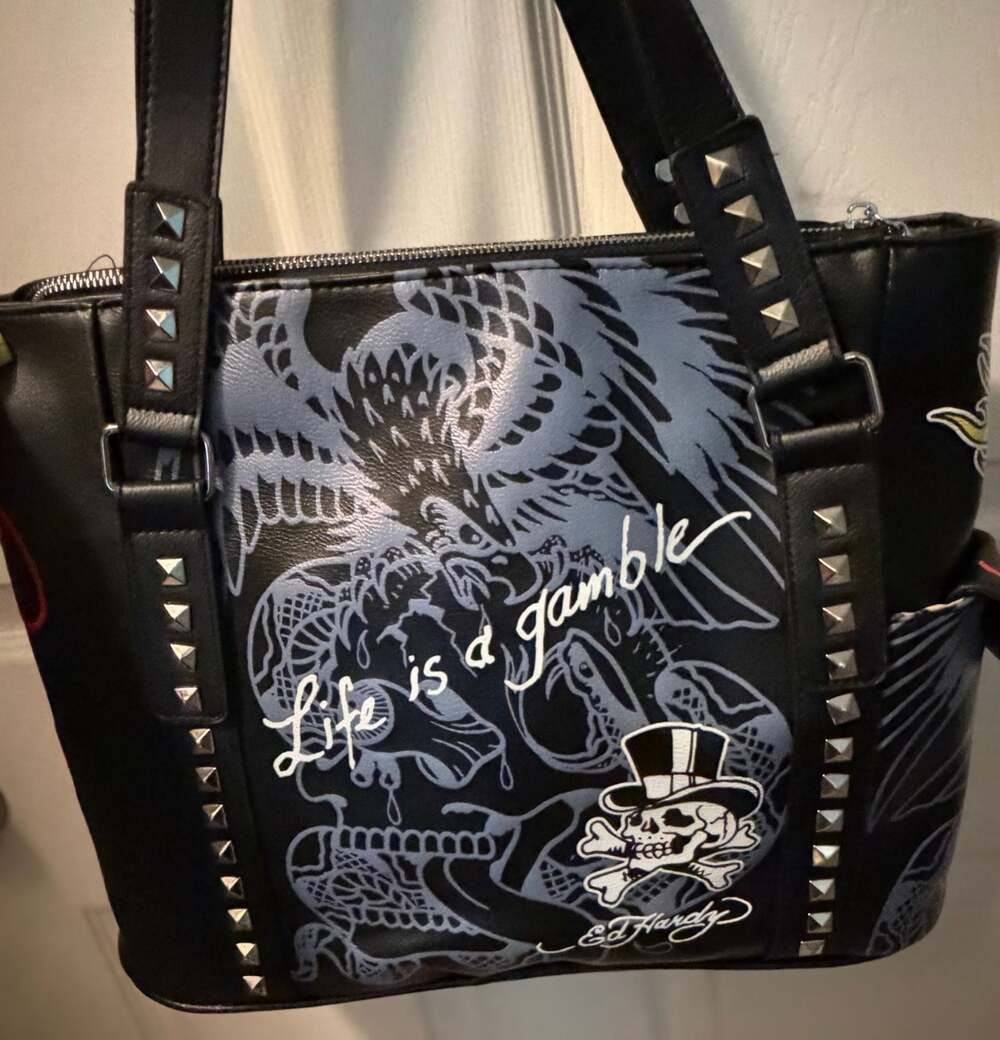 Ed Hardy Graphic Print Studded Tote Bag